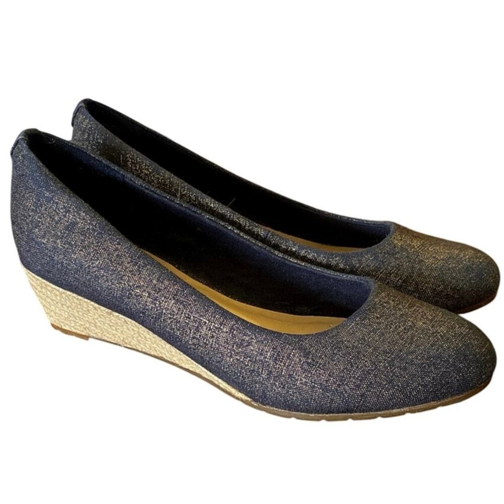 Clarks Mallory Luna Metallic Canvas Wedges Navy Blue Size 7W Glitter Espadrille